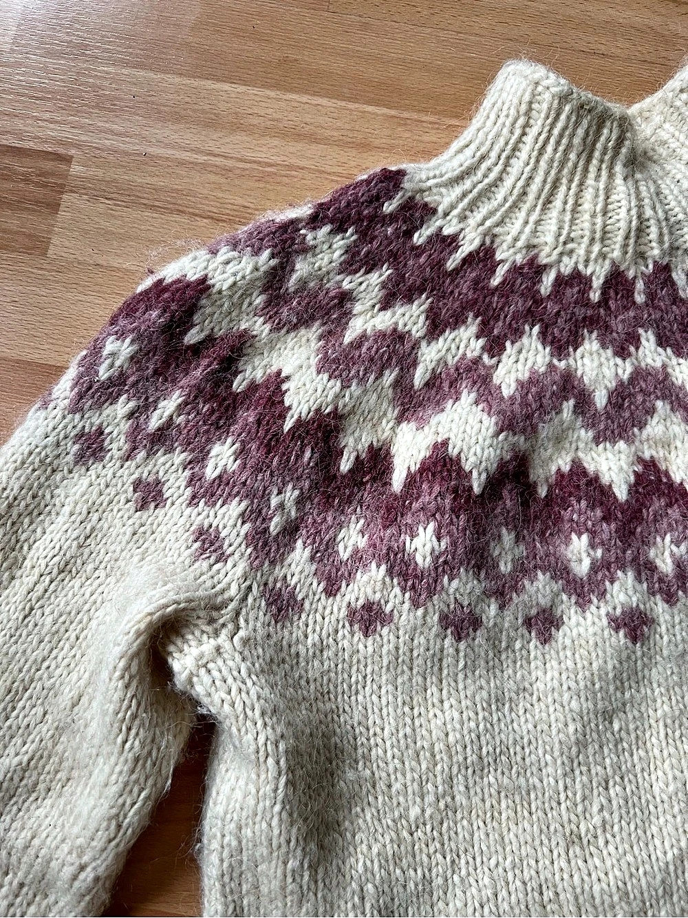Handmade fair Isle Knit funnel neck mohair + wool Cream & mauve Icelandic Nordic